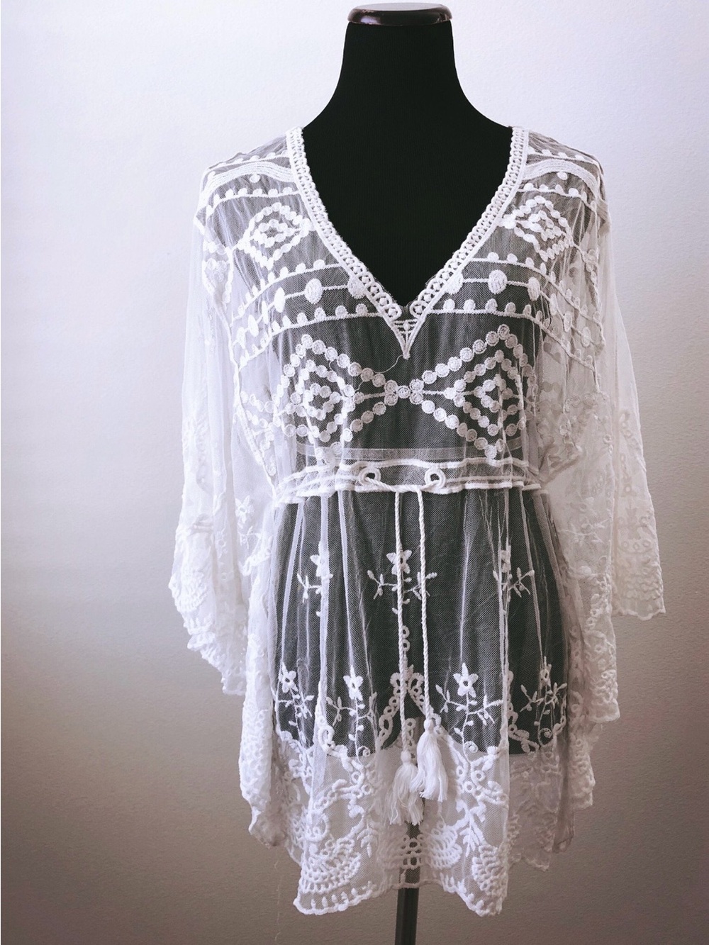 Lulu's white Crochet Lace Swim Cover-Up butterfly sleeves One Size Tropical Vaca